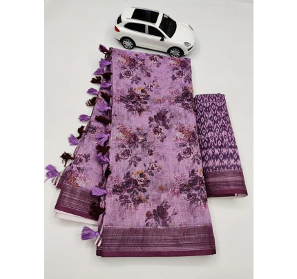 Graceful Digital Printed Linen Saree with Silver Jari Patta