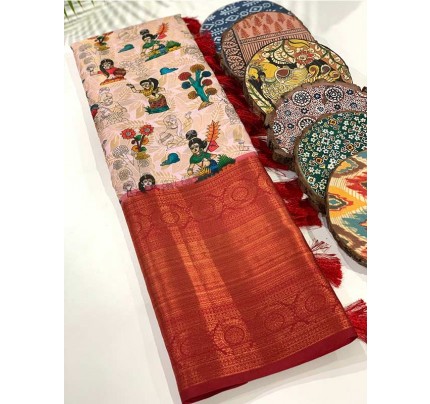 Stylish Look Multi Colour Soft Banarasi Silk Kalamkari Block Print Designe Party Wear Saree