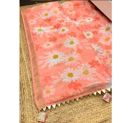 Pure Soft Chanderi Organza Silk Fabric With Weaving Sequence Nd Fancy Border Nd Samosa Latkan On Pallu