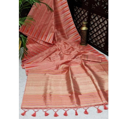 Ikkat Style Tussar Silk Saree with rich Zari woven Pallu & fancy Tassels 