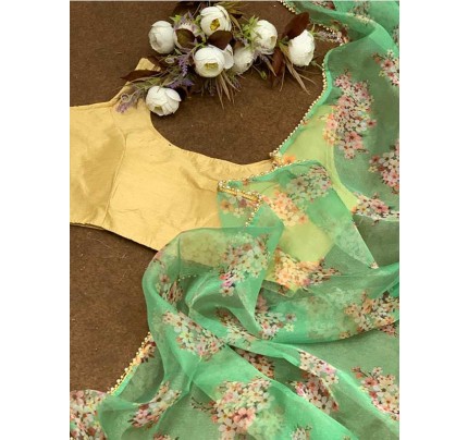 Pure Soft Organza Saree With Beautiful Floral Print Nd Heavy Fancy Golden Lace Border