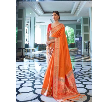 Attractive Look Orange Colour Gala Tessar Silk Saree
