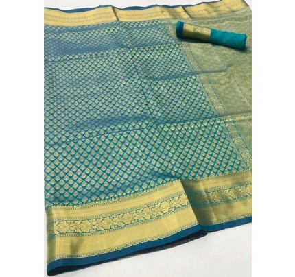  Beautiful Cyan Color Soft handloom Weaving silk Saree