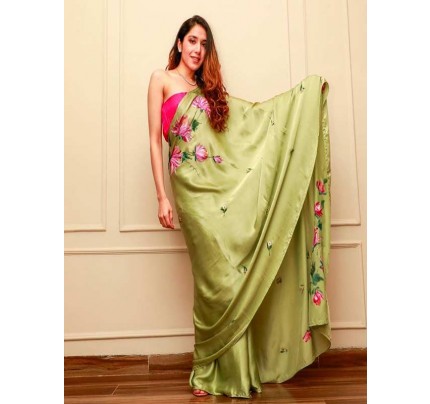 Green Colored Pure Soft Japan Sartin Silk Saree With Beautiful Heavy Handwork Khatli In All Over Saree