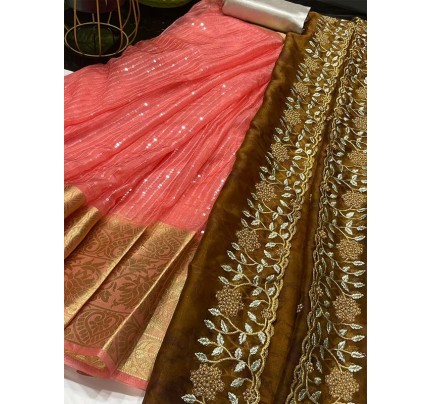 Classic Look organza lehanga with sequencing lines & Pure weaving border
