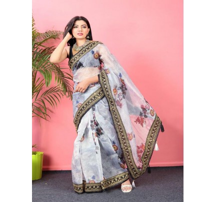 Attractive Look Organza Printed Saree all over sequences lace border & attached latkan on pallu