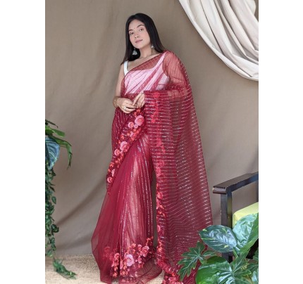Fabulous Fancy Net Saree with sequencing Lining N flower work