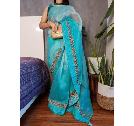 Embellished Designer Pure Soft Pedding Organza Silk Saree With Beautiful Embroidery