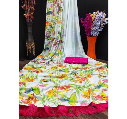 Amazing Stylish Silk Printed Saree with khatli work touchup AllOver & attached frill in  pallu 