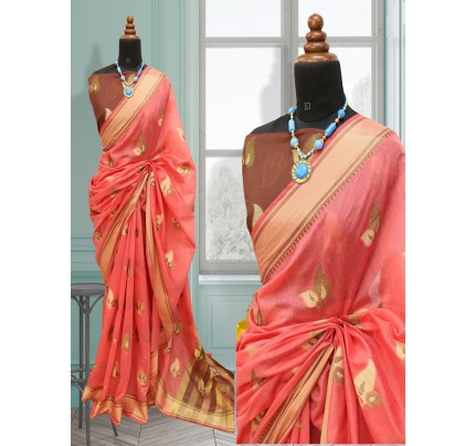Gorgeous Cotton Silk Saree gold weaving border with contrast blouse