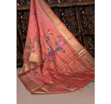 New Trending Pure Linen weaving Digital Printed Saree with zari woven temple border