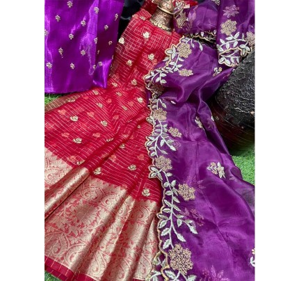 Exclusive Satin Silk fully worked of sequencing butties with diamond work Dupatta 