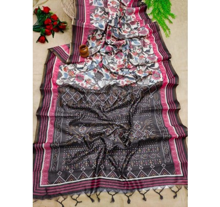 Attractive Look Mul Linen Cotton Saree with beautiful prints Allover with Zari woven small border