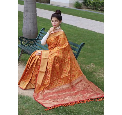 Bandhej Style Silk Saree with Gold Zari weaving Border