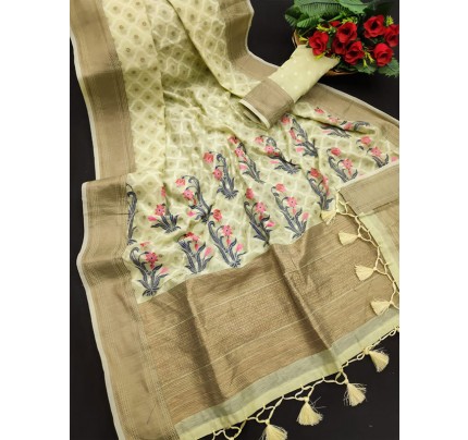Floral Style Linen weaving Saree with zari woven border & pallu