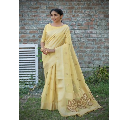 Fabulous Linen Tissue Saree with zari woven butti and pallu with running blouse piece