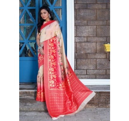 Gorgeous Look Soft Lichi Silk Digital Printed Saree with Royal Tassels n Wooven Jacquard Border
