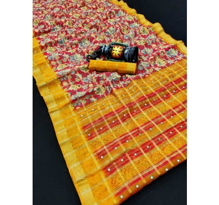 Designer Multi Colour Soft Linen Cotton Sarees With  Big Golden Jari Chex & Zari Borde With Mirror Work