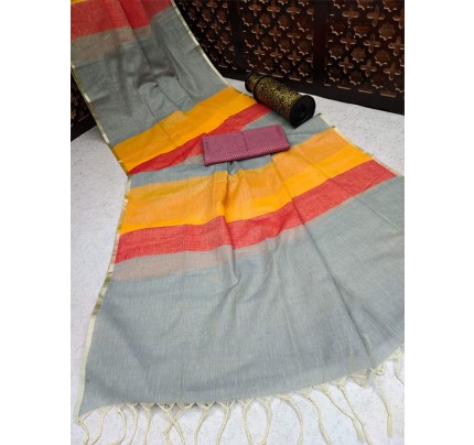 Pretty Look Pure Linen Saree with zari woven border with jacquard blouse