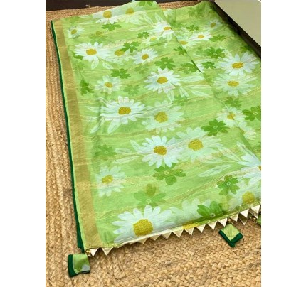 Pure Soft Chanderi Organza Silk Fabric With Weaving Sequence Nd Fancy Border Nd Samosa Latkan On Pallu