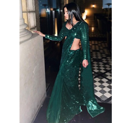Bollywood Look Green Colour Diamond Silk Georgette Fancy Sequnce Work With Fancy Sequnce Border Saree