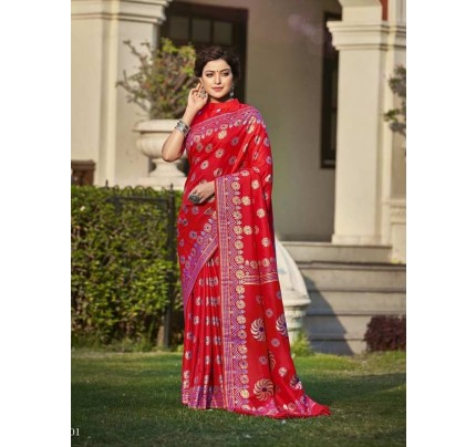 Stylish Look Red Colour Pure Silk Guaranteed Fabric with Designer colored Zari weaving
