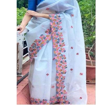 Unique Style Organza Silk Saree with Beautiful embroidery work & Satin Blouse 
