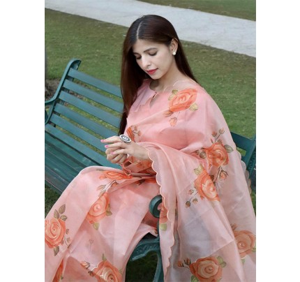 Stunning Look Organza Silk Floral Printed Saree with Banglori Silk Blouse