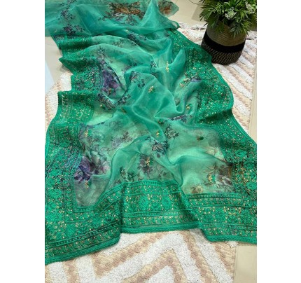 Floral Style Organza Digital Printed Saree with Embroidery work