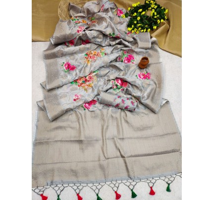 Beautiful Look Soft Munga Silk weaving Digital printed Saree with zari woven border