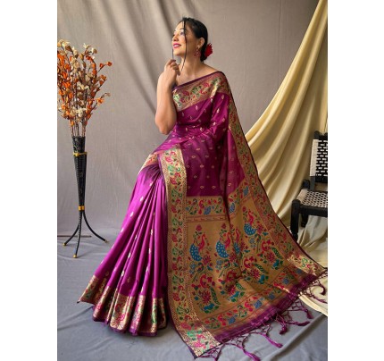 Unique Style Paithani Silk Saree with Rich weaved Pallu & Meenakari Motifs