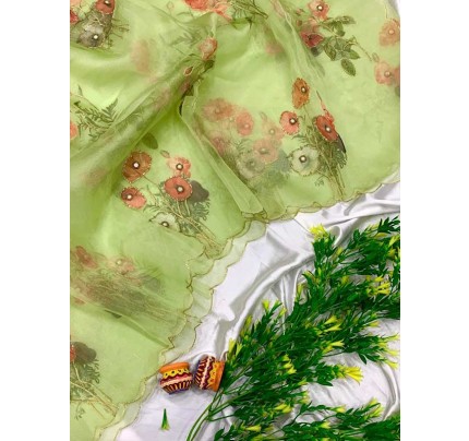 Soft Organza Silk Saree With Beautiful Floral Print Nd Khatli Cutdana Outing With Hand Aariwork In  All Over Saree Nd Fancy Aarco Border