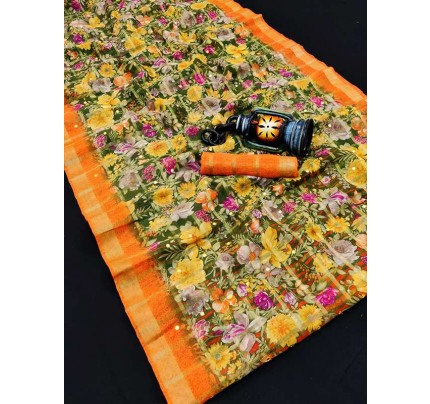 Designer Multi Colour Soft Linen Cotton Sarees With  Big Golden Jari Chex & Zari Borde With Mirror Work
