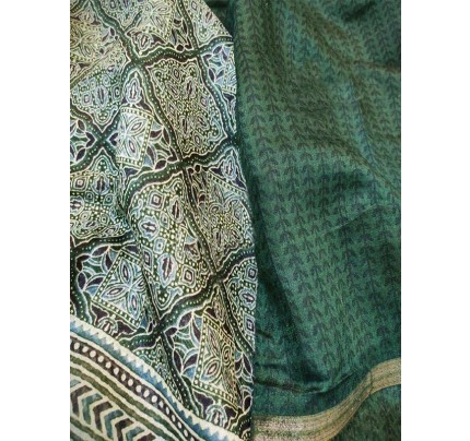 Beautiful Silk Linen Digital Print Saree With Ajrakh Print Pallu And Bandhani Print  In Full Saree 