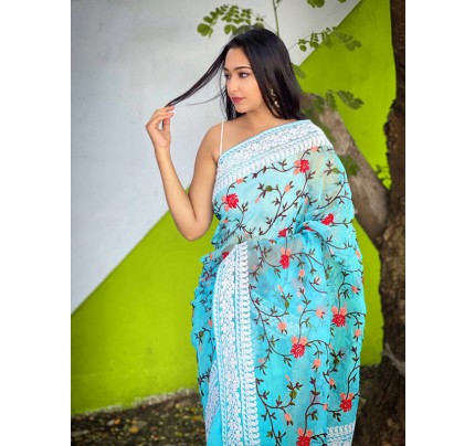 Bollywood Organza Silk Saree with beautiful pallu & border of chikankari work