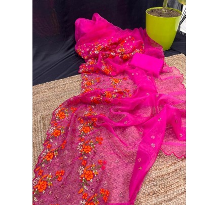 Unique Style Organza embroidery Saree with hand stone work 