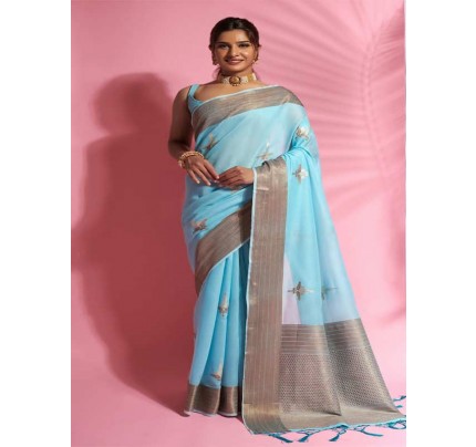 Wedding Look SkyBlue  Colored Soft Modal Cotton With Dual Shade Weaving Saree