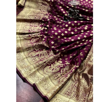 Elegant Look Banarasi Soft silk Handloom Weaving Silk Saree with Rich Elegent Gold zari Wooven Border