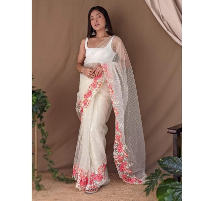 Celebrity Style Net Sequencing lining Saree with multi work flower