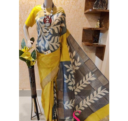 Adorable Linen Latkan Printed Saree with Gold Jari Patta