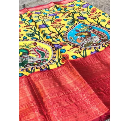 New Designer Soft Banarasi Silk Kalamkari Block Print Designe Party Wear Saree