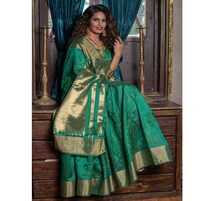 Stunning Look Mysore Silk weaving Saree with Zari Ikkat Woven Pallu with Embroidered Jal Cut work AllOver