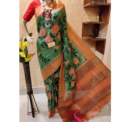 Adorable Linen Latkan Printed Saree with Gold Jari Patta