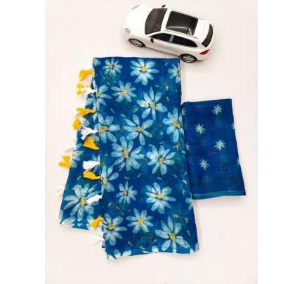 Floral Style Linen Printed Saree with Latkan 