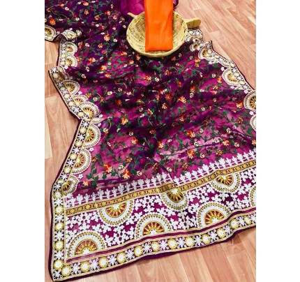Unique Style Organza Silk Saree with embroidery work & shining stone