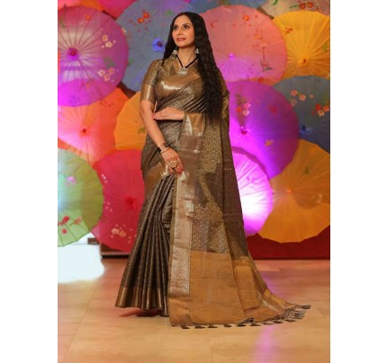Stunning Look Black Colour Soft Banarasi Silk Tanchoi Saree With Self Weaving All Over With Zari Border 