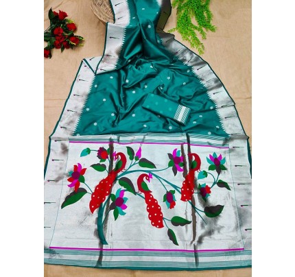 Gorgeous Look Banarasi Silk Paithani Saree with Zari Border & exclusive Zari Pallu