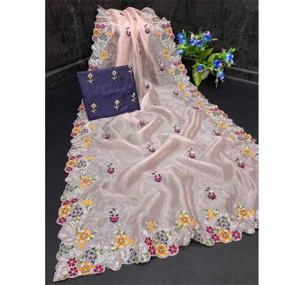 Attractive Organza Saree with emboss embroidery rich Butta