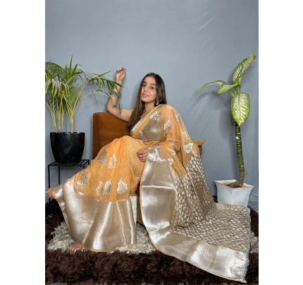 Gorgeous Look Organza weaving border Silk Saree with silver Zari on  Border