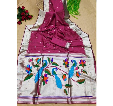 Gorgeous Look Banarasi Silk Paithani Saree with Zari Border & exclusive Zari Pallu